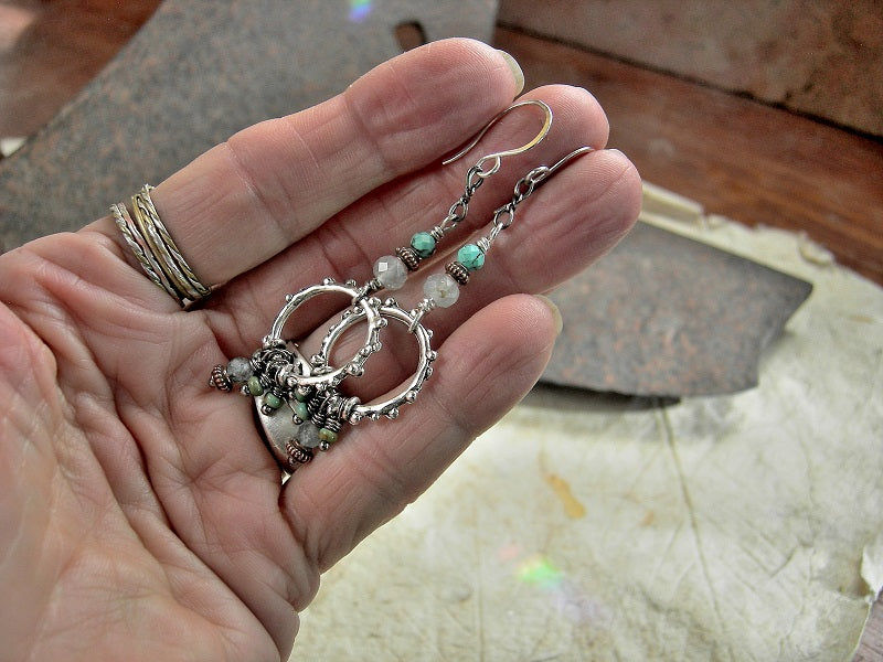 Boho Turquoise & Aquamarine Earrings, Dainty Clusters & Silver Rings