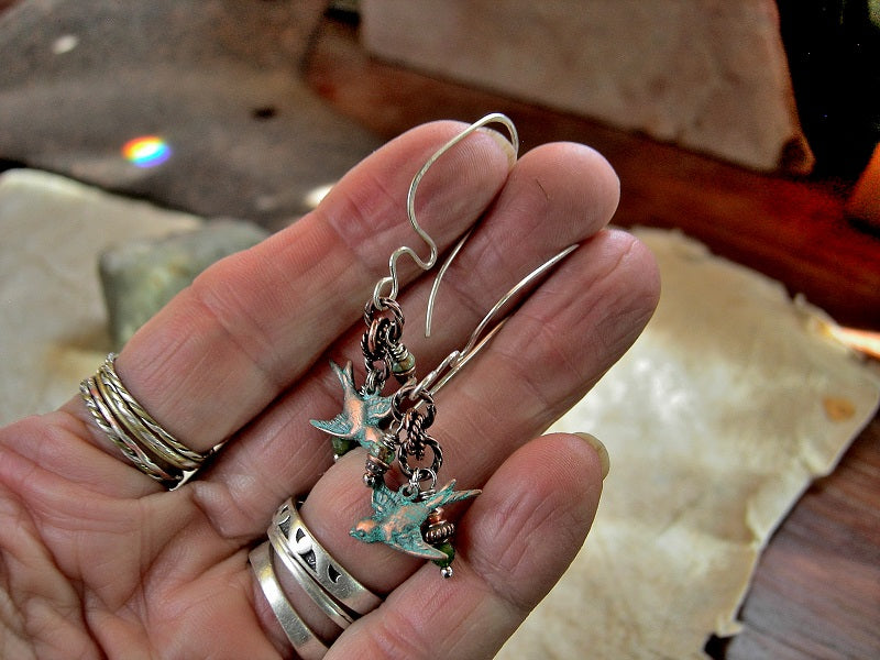 Boho luxe, cluster style earrings with copper verdigris bird charms, turquoise, green chrome diopside & copper. Handmade sterling ear wires. 