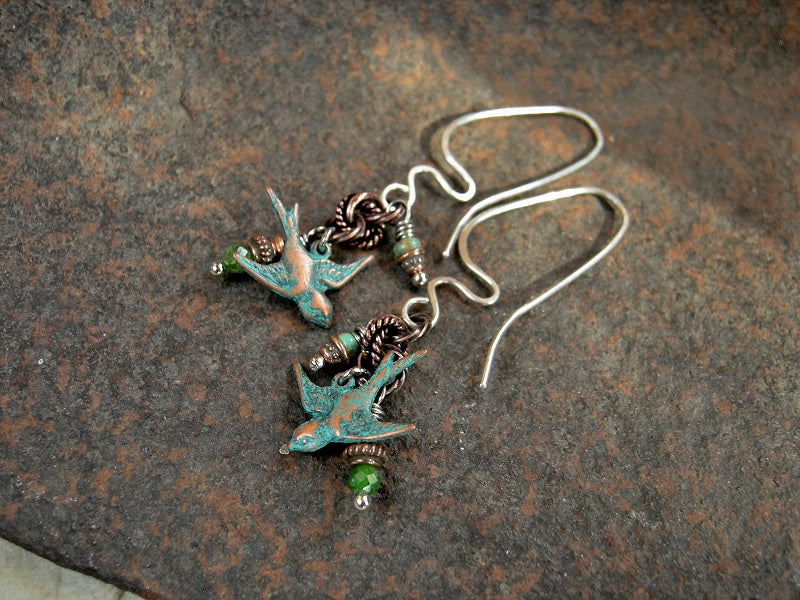 Cluster style ear drops with copper verdigris bird charms, turquoise, green chrome diopside & copper. Handmade sterling ear wires. 