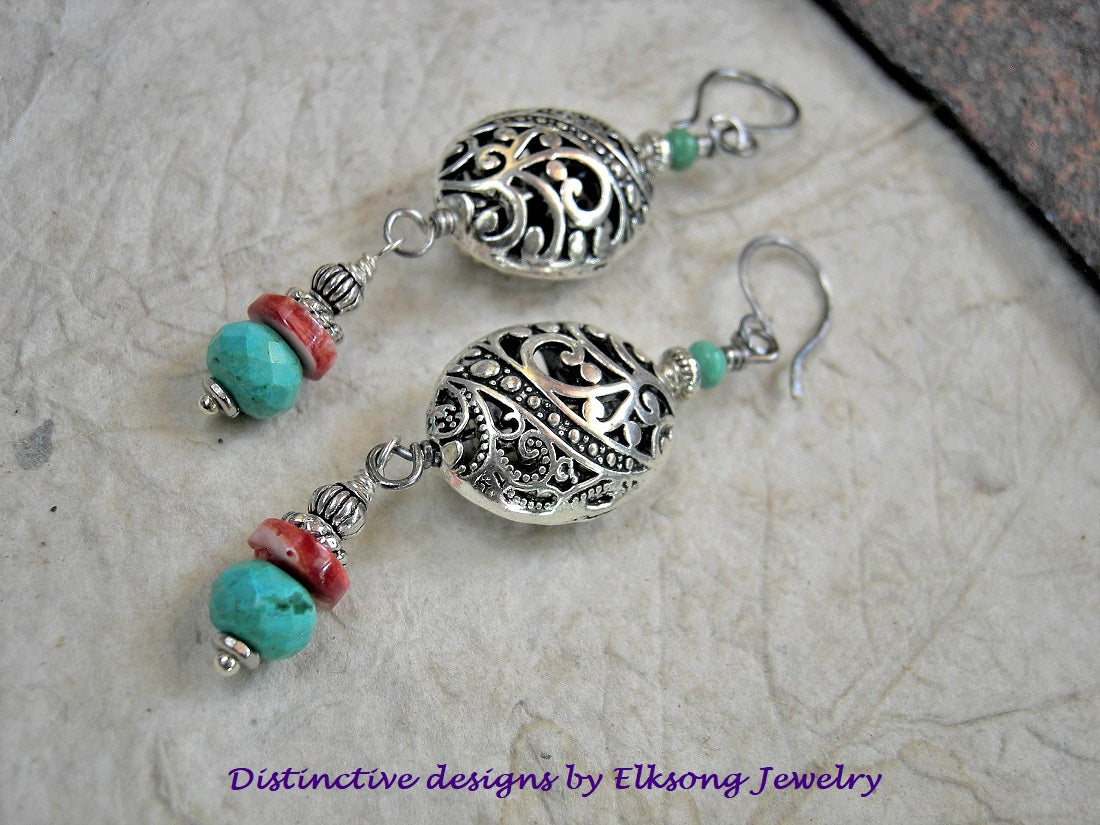 Ornate silver filigree bead earrings with turquoise & spiny oyster shell. Sterling ear wires. 