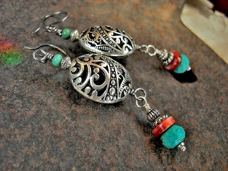 Silver filigree bead earrings with turquoise & spiny oyster shell. Sterling ear wires. 