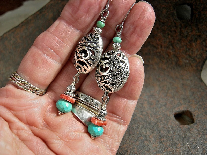 Elegant silver filigree bead earrings with turquoise & spiny oyster shell. Sterling ear wires. 