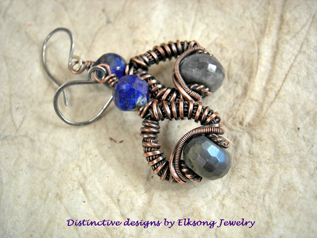 Copper wire wrap earrings with faceted labradorite & lapis beads. Sterling ear wires. 