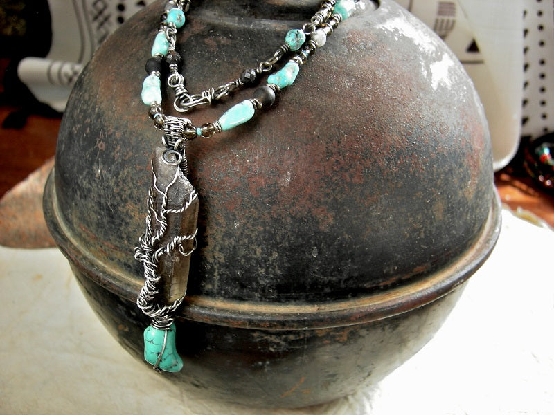 Strung bead necklace with smoky quartz point, turquoise nugget & sterling wire wrap tree, smoky quartz & Morenci turquoise beads. 