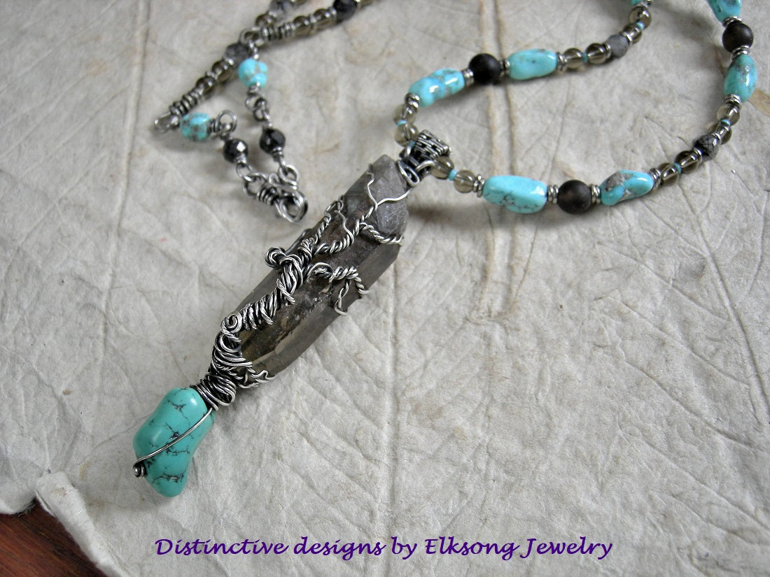 Strung bead necklace with smoky quartz point/sterling wire wrap tree, smoky quartz & Morenci turquoise beads. 