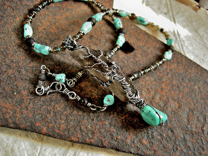 Boho luxe necklace with smoky quartz point/sterling wire wrap tree, smoky quartz & Morenci turquoise beads. 