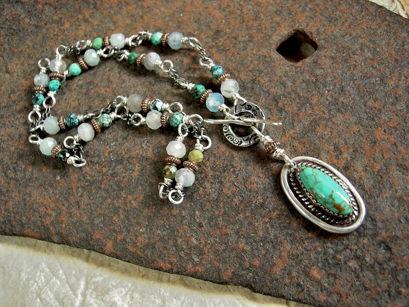 Misty blue gemstone necklace with silver & turquoise focal, sterling wrapped links, turquoise & aquamarine.