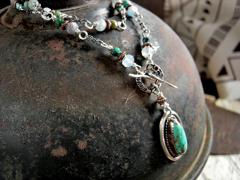 Short gemstone & sterling necklace with wrapped links, turquoise & aquamarine. 