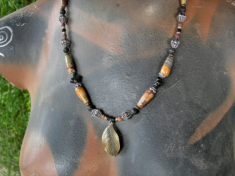 Fallen Leaf necklace with black tiger eye, red creed jasper, sterling-over-copper beads & antiqued bronze leaf focal. 