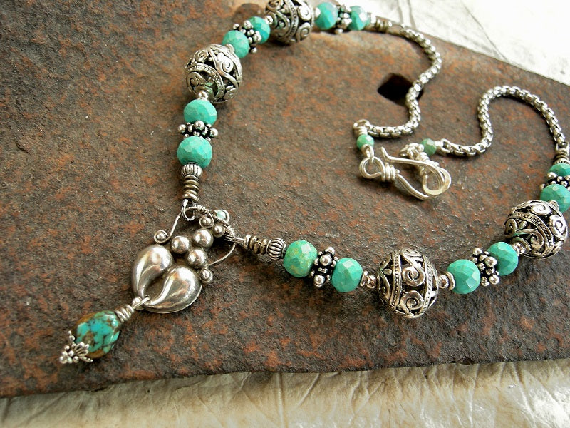 Boho luxe sterling Bali goddess necklace with faceted turquoise & sterling-over-copper beads, steel rolo chain & sterling wire wrap hook & eye clasp.