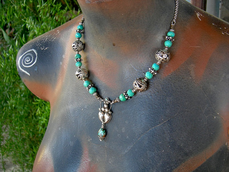 Faceted turquoise & sterling Bali goddess necklace with sterling-over-copper beads, steel rolo chain & sterling wire wrap hook & eye clasp.