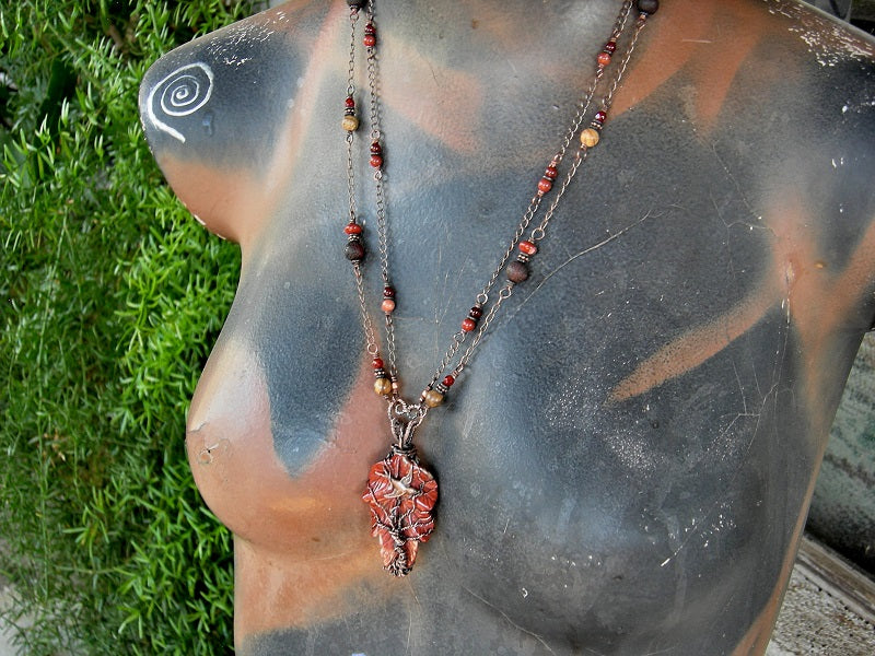 Necklace with earthy red jasper leaf & copper wire wrap tree & swallow focal on double copper chain, carnelian & jasper beads. 