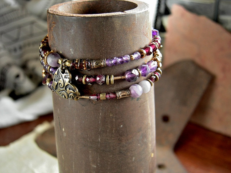 Boho luxe purple & red wrap bracelet or necklace with strung amethyst, garnet golden hematite, brass & gold beads and heart charm.