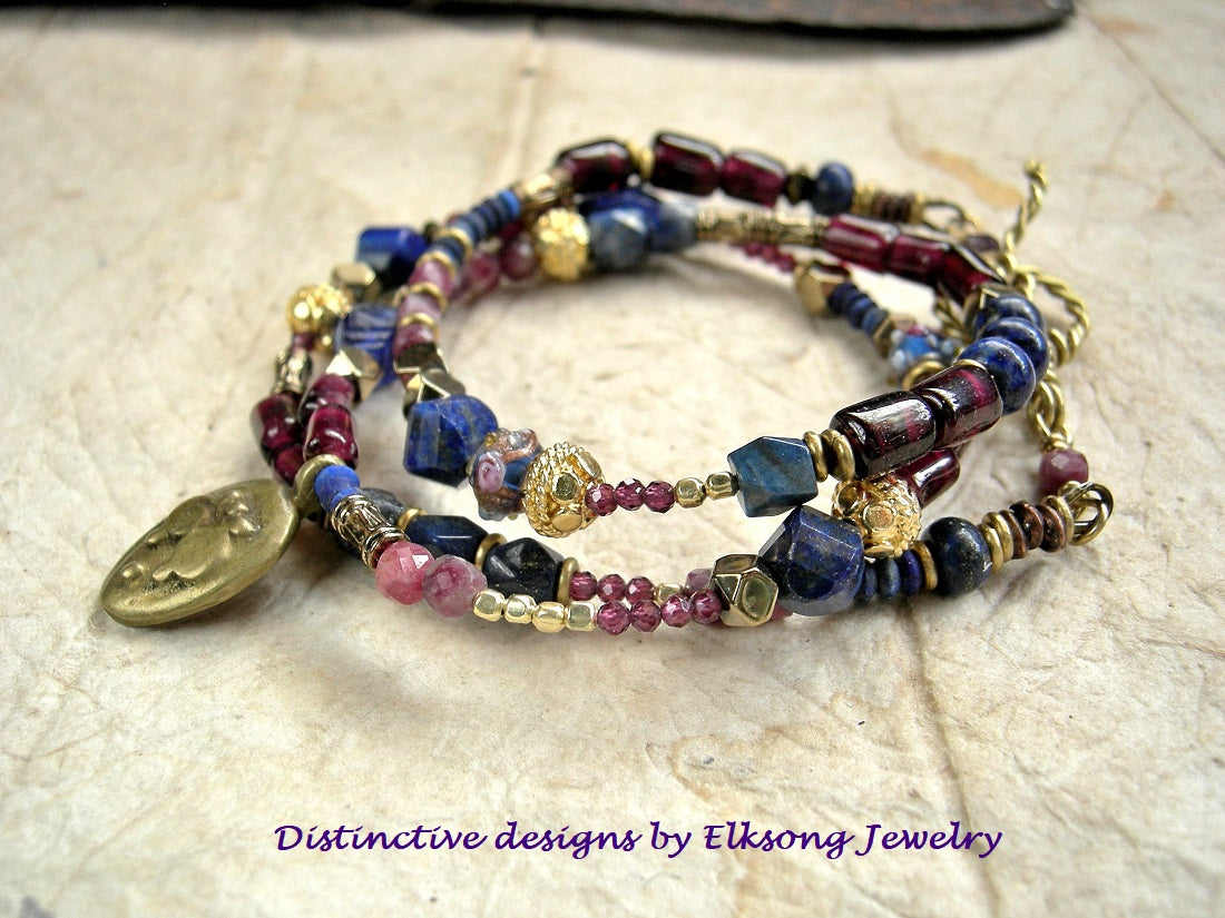 Triple wrap bracelet or necklace with lapis, garnet, ruby & 22kt gold-over-copper beads.