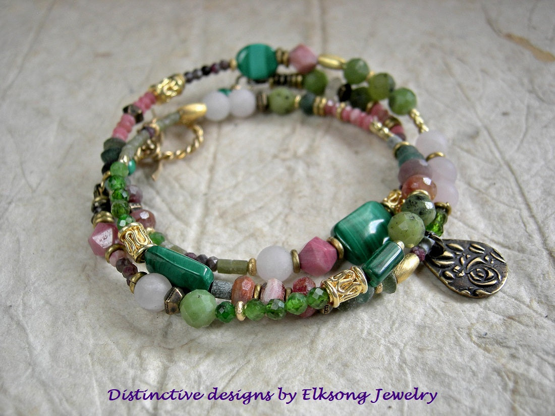 Rose Garden triple wrap bracelet or necklace with pink & green gemstone, 22kt gold-over-copper beads, antiqued brass rose charm. 