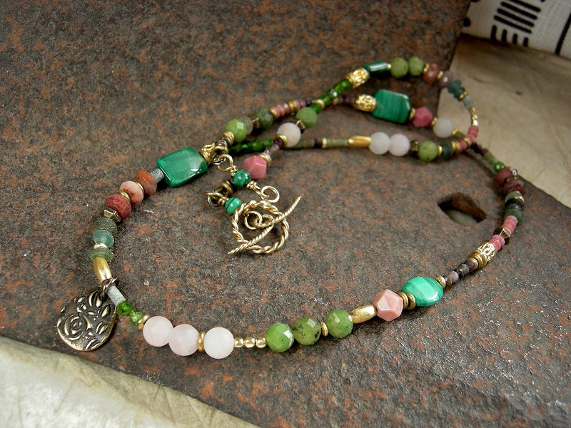 Boho luxe beaded necklace or wrap bracelet with pink & green gemstone, 22kt gold-over-copper beads, antiqued brass rose charm. 