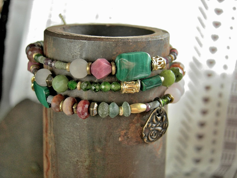 Pink & green gemstone triple wrap bracelet or necklace with 22kt gold-over-copper beads, 14kt gold filled toggle clasp, antiqued brass rose charm. 