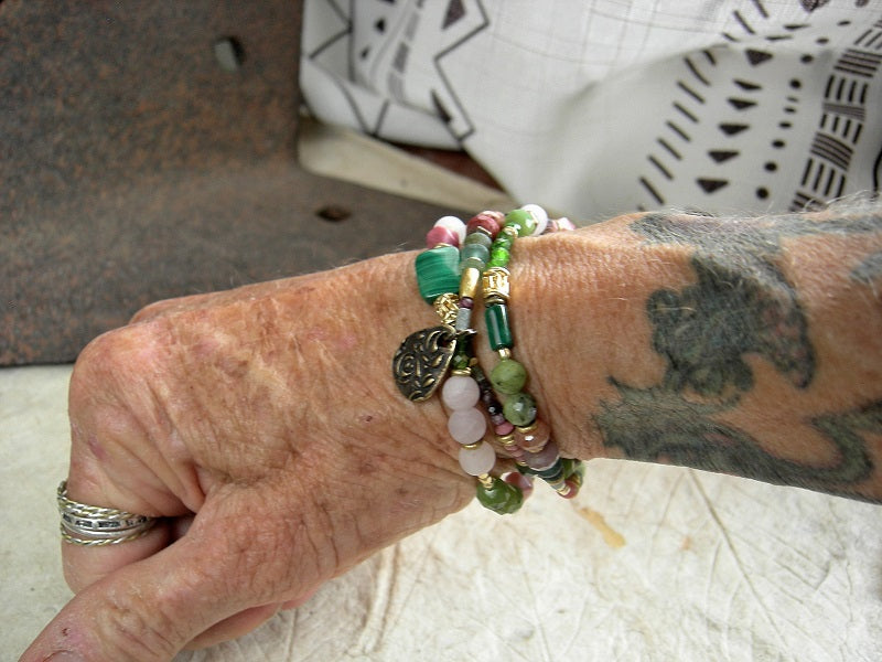 Beaded triple wrap bracelet or necklace with pink & green gemstone, 22kt gold-over-copper beads, antiqued brass rose charm. 