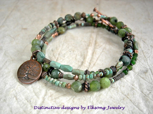 Mossy Grove triple wrap bracelet or necklace with copper, green turquoise, jade & chrome diopside beads. Copper tree charm & toggle clasp. 