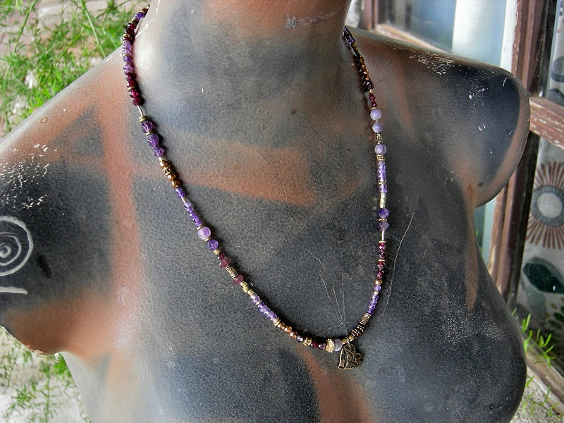 Purple Crush necklace or triple wrap bracelet with strung amethyst, garnet golden hematite, brass & gold beads and heart charm. 