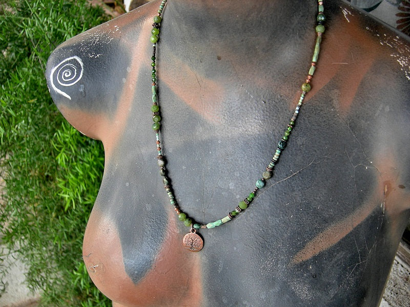 Mossy Grove necklace or wrap bracelet with copper, green turquoise, jade & chrome diopside beads. Copper tree charm & toggle clasp. 