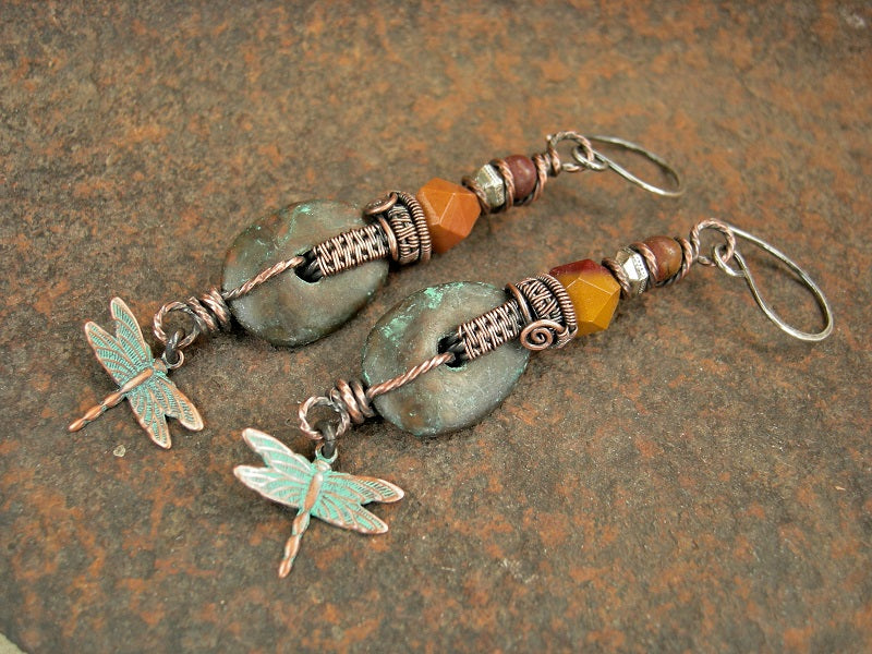 Verdigris dragonfly & copper wire wrap earrings with Mykonos ceramic discs, golden mookaite & Red Creek jasper. Sterling ear wires.