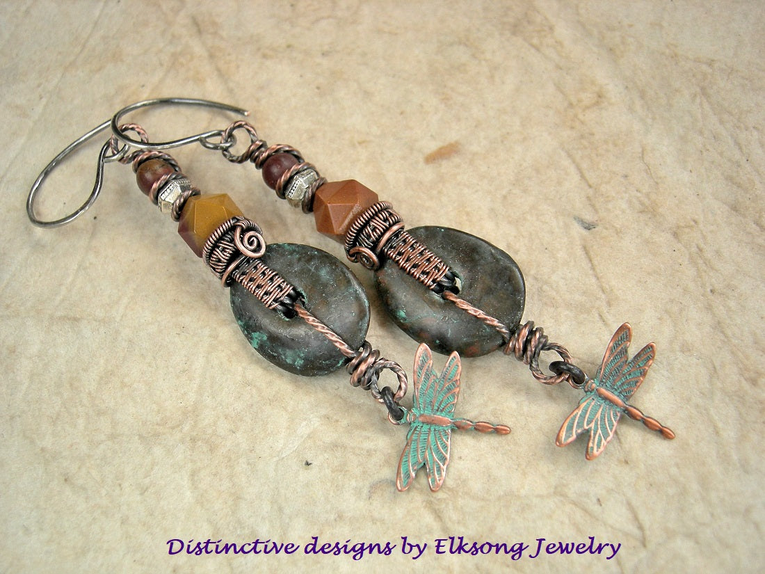 Dragonfly & copper wire wrap earrings with Mykonos ceramic discs, golden mookaite & Red Creek jasper. Sterling ear wires.