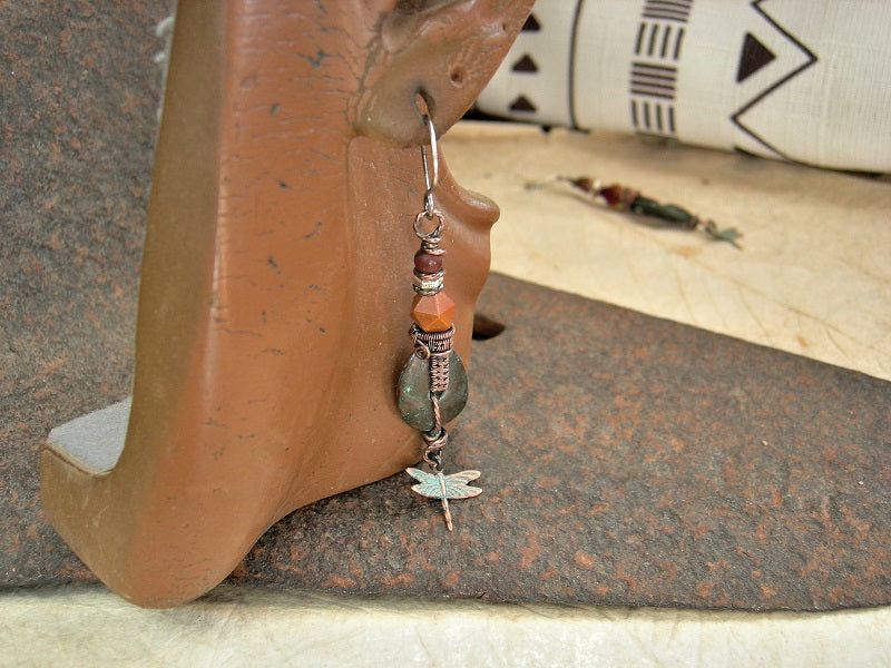 Boho luxe dragonfly & copper wire wrap earrings with Mykonos ceramic discs, golden mookaite & Red Creek jasper. Sterling ear wires.