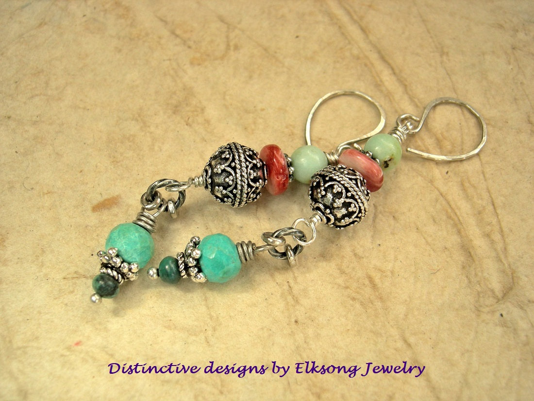 Sterling & colorful gemstone bead earrings, bead stack drops with turquoise, spiny oyster shell & chrysoprase. Sterling ear wires. 