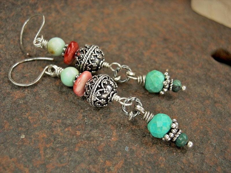 Boho elegant bead stack ear drops with turquoise, spiny oyster shell & chrysoprase. Sterling ear wires. 