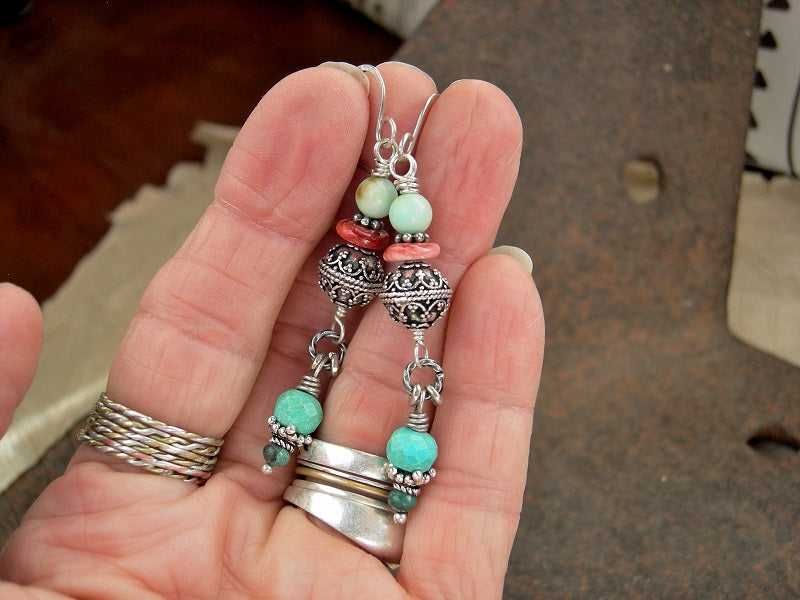 Colorful long drop earrings with sterling-over-copper Bali style beads,  turquoise, spiny oyster shell & chrysoprase. Sterling ear wires.