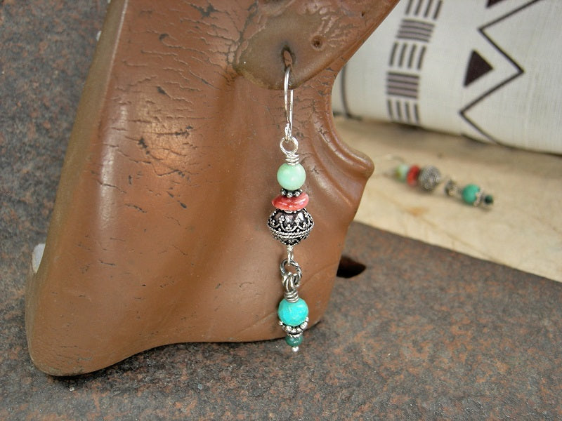 Sterling & colorful gemstone bead earrings, bead stack drops with turquoise, spiny oyster shell & chrysoprase. Sterling ear wires. 