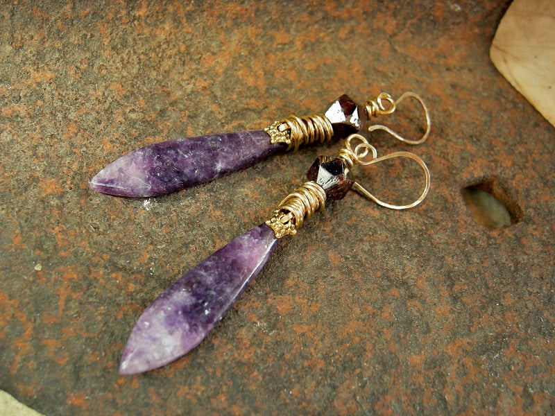 Boho luxe stone tab earrings with purple lepidolite, star cut dark red garnet beads, golden brass wire wrap. 14kt gold fill ear wires. 