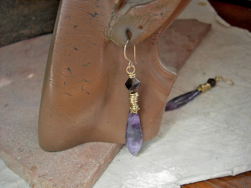 Purple Petal earrings with lepidolite stone tabs, star cut dark red garnet beads, golden brass wire wrap. 14kt gold fill ear wires. 