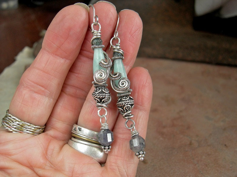 Boho luxe sterling wire wrap earrings with moonstone, iolite & green kyanite, sterling-over-copper Bali style beads, sterling ear wires. 