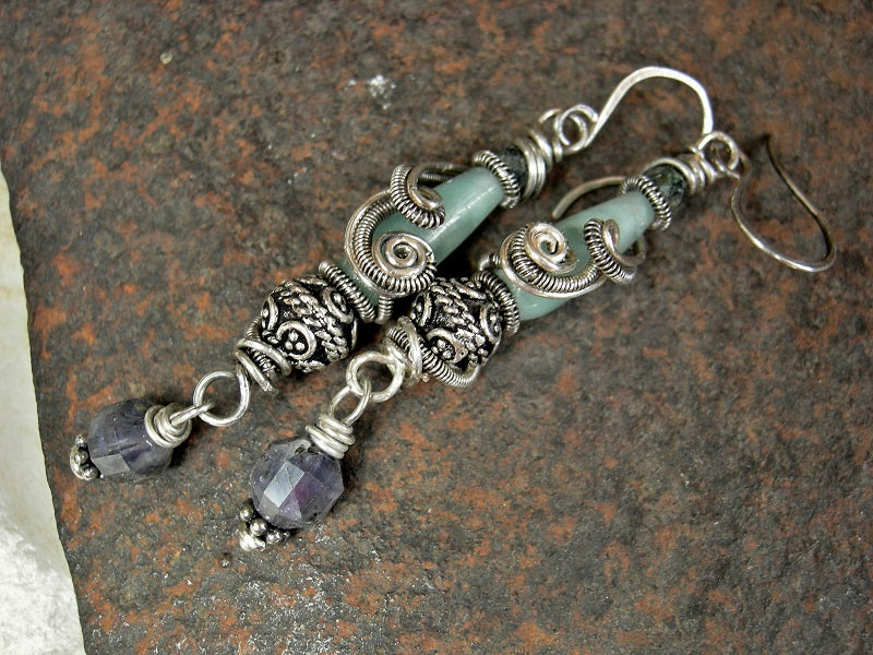 Sterling wire wrap earrings with green moonstone, iolite & green kyanite, sterling-over-copper Bali style beads, sterling ear wires. 