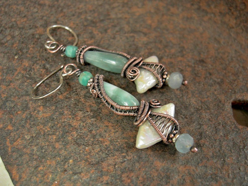 Copper wire wrapped earrings with diamond shaped freshwater pearls, green moonstone, aquamarine.