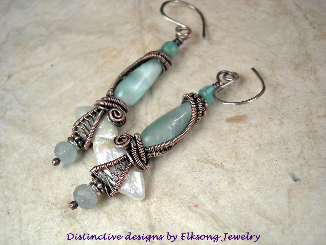 Oceana earrings with diamond shaped freshwater pearls, green moonstone, aquamarine & amazonite in copper wire wrap. 