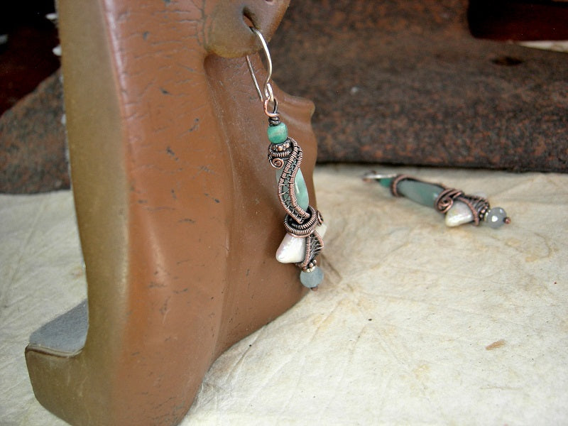 Ocean spirit earrings with diamond shaped freshwater pearls, green moonstone, aquamarine & amazonite in copper wire wrap. 