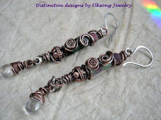 Ruby Rose earrings with green zoisite, genuine ruby, rose quartz drops & copper wire wrap. Handmade sterling ear wires.