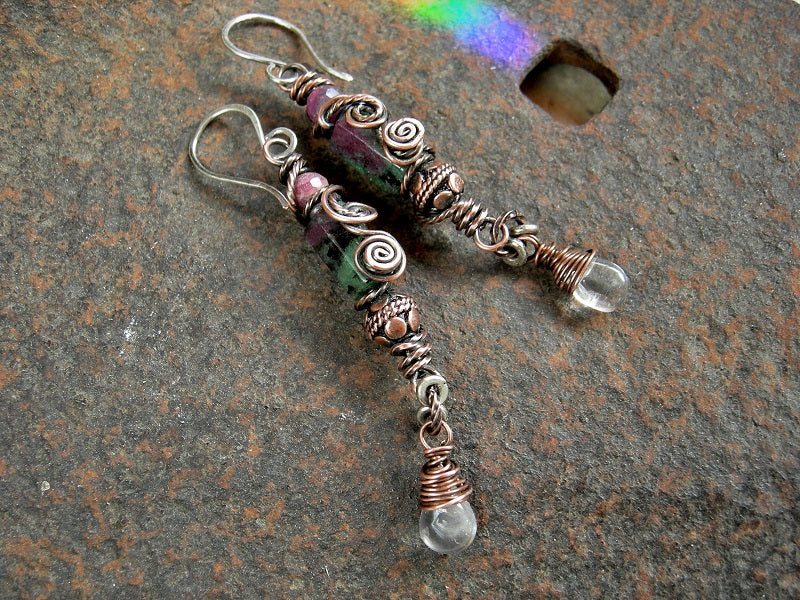 Copper wire wrap earrings with green zoisite, genuine ruby, rose quartz drops. Handmade sterling ear wires.