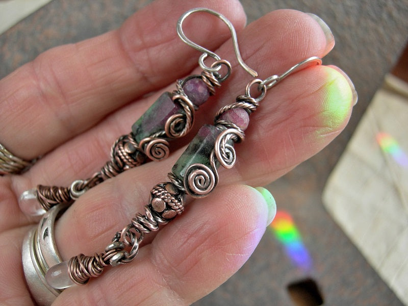 Boho luxe earrings with green zoisite, genuine ruby, rose quartz drops & copper wire wrap. Handmade sterling ear wires.