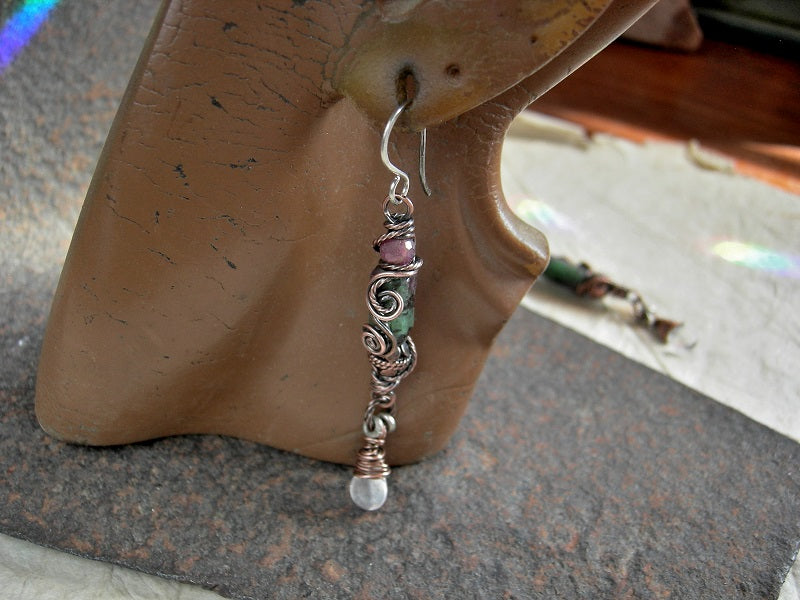 Gemstone earrings with green zoisite, genuine ruby, rose quartz drops & copper wire wrap. Handmade sterling ear wires.