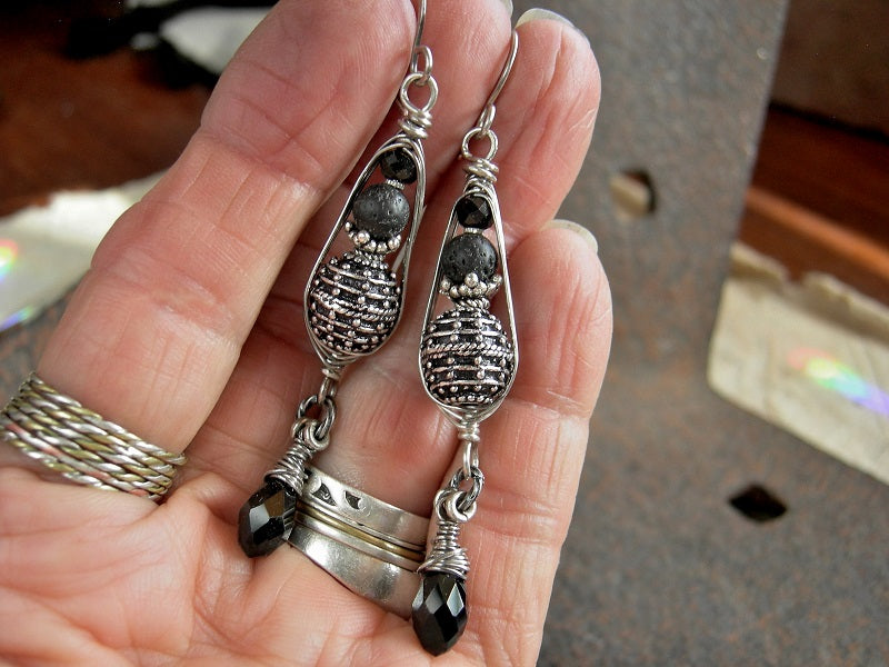 Elegant sterling & black earrings with sterling-over-copper Bali style beads & black gemstone in sterling pea pod wire wrap. Black crystal tear drops. 