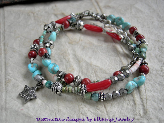 Western Star Wrap Bracelet/Necklace, Coral, Turquoise, Sterling Silver