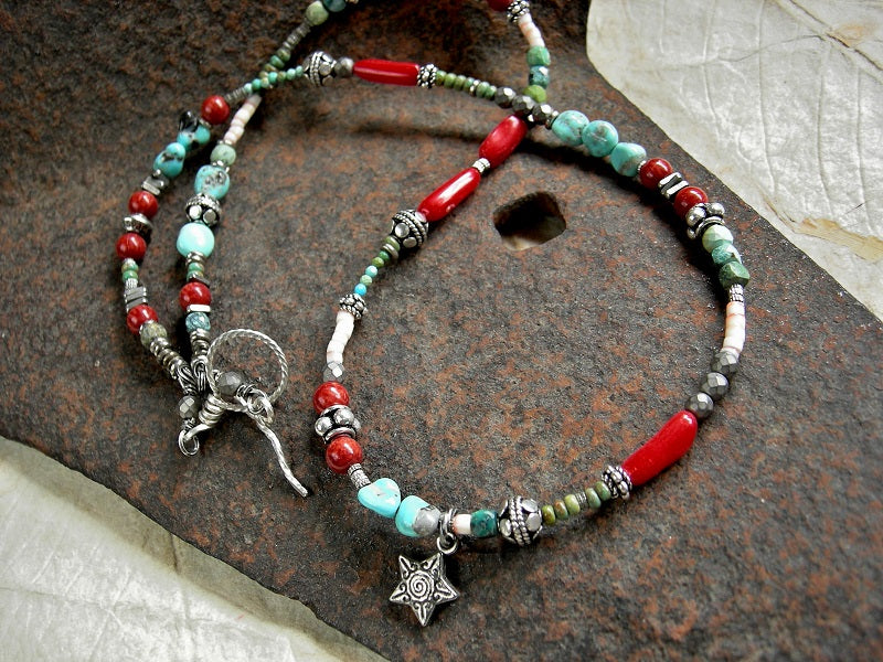 Western Star Wrap Bracelet/Necklace, Coral, Turquoise, Sterling Silver