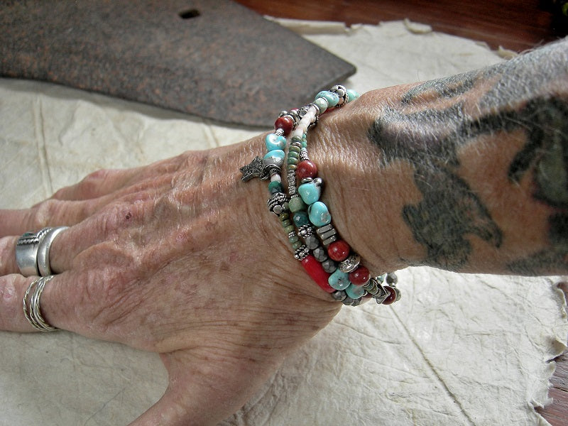 Western Star Wrap Bracelet/Necklace, Coral, Turquoise, Sterling Silver