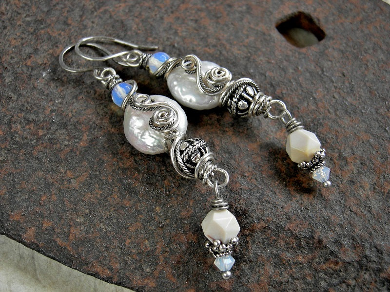 Sterling wire wrap earrings with freshwater coin pearls, faceted opalite, white mookaite & sterling-over-copper beads.