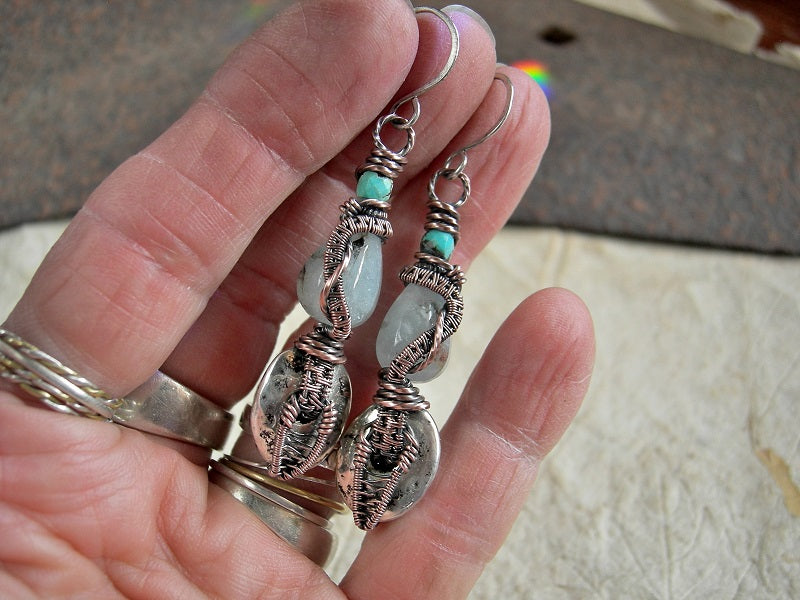 Boho luxe earrings with blue aquamarine & turquoise, silver-hazed  ceramic discs & copper wire wrap. 
