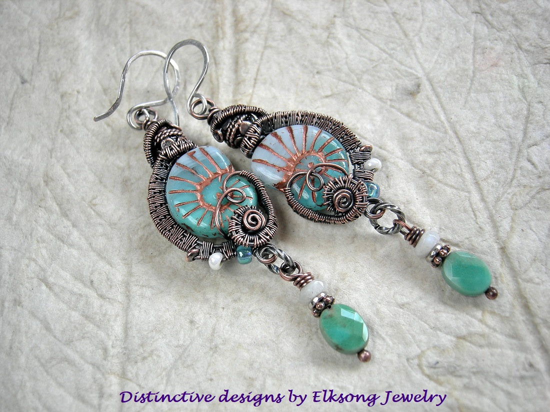 Queen of the Sea earrings, aqua glass nautilus beads with oxidized copper wire wrap, faceted chrysopase & moonstone, handmade sterling ear wires. 